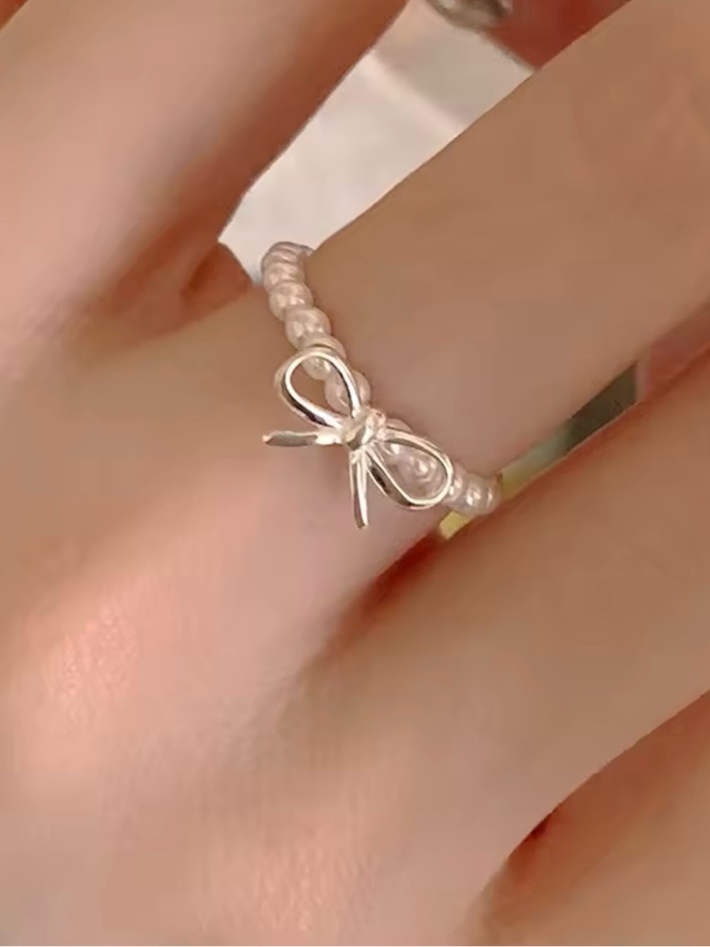 925 Sterling Silver Delicate Bow Beaded Ring - Elegant Women’s Jewelry